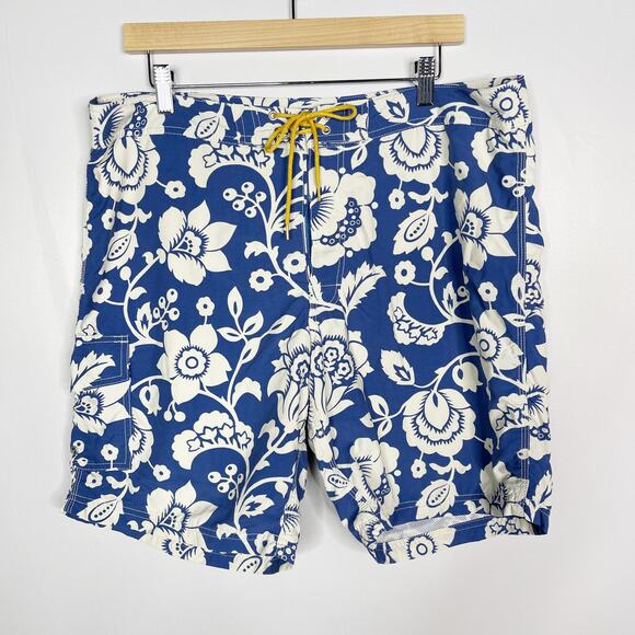 J Crew Mens Size 36 Blue White Floral Printed Swim Trunks Board Shorts Lace Up - Picture 1 of 10